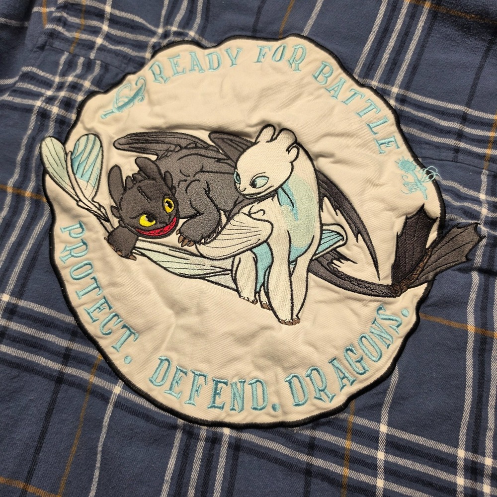 How To Train Your Dragon Flannel Shirt Medium Toothless Light Fury Plaid Blue